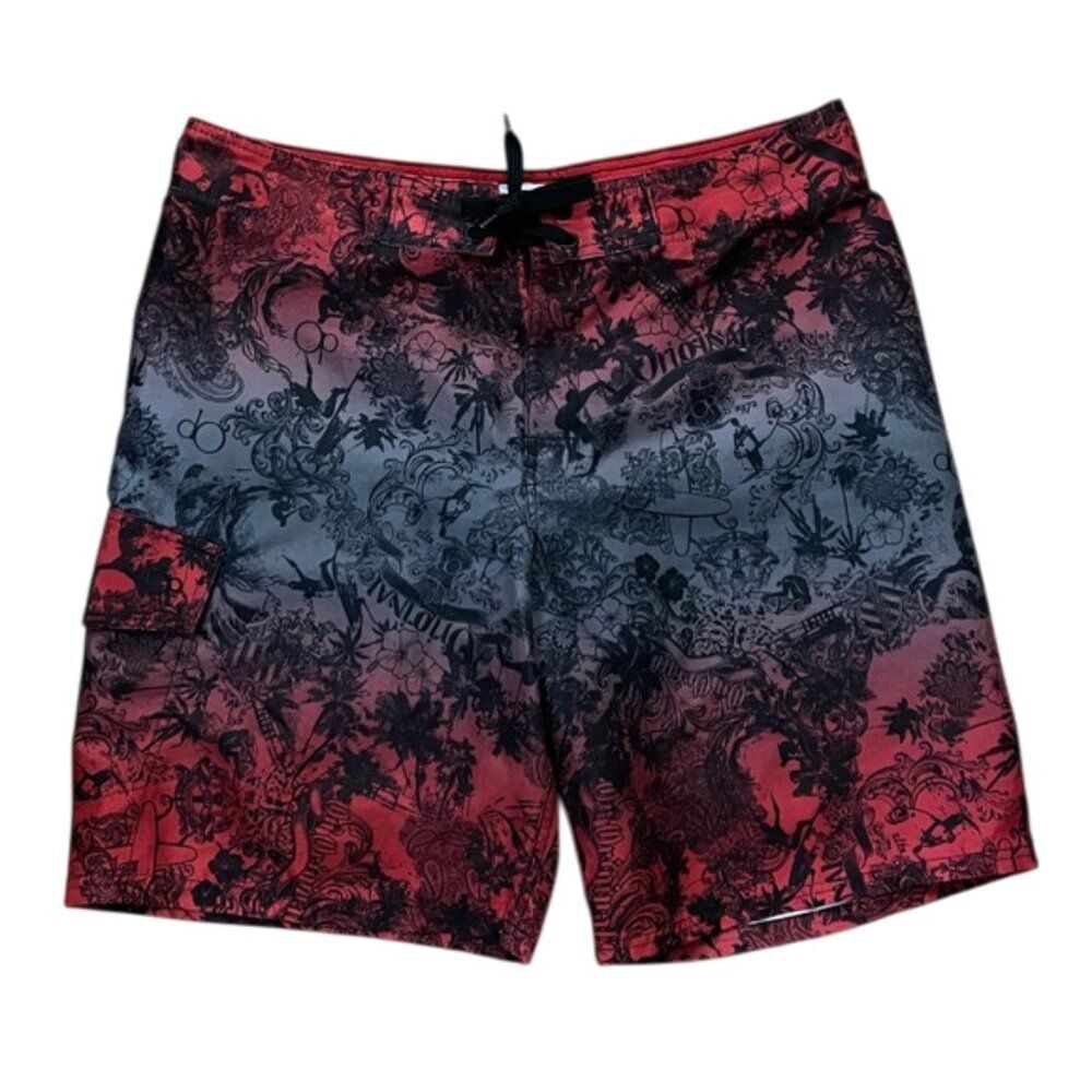 OP Ocean Pacific Vintage Red Graphic Print Board Shorts Swim Trunks Mens Size 36
